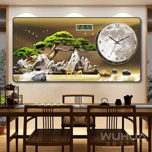 迎客松新中式餐厅装饰画电子万年历山水画饭厅挂钟表客厅时钟壁画