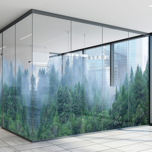 森林风艺术风景磨砂玻璃贴纸办公室会议室玻璃墙门窗静电透明贴膜