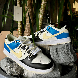 nike dunk low闪电蓝黑配色ow解构鞋带vibe风氧化做旧定制球鞋