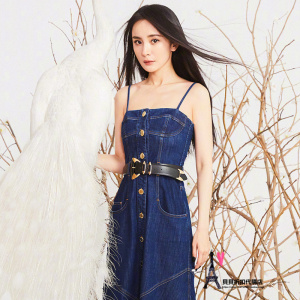 pinko 22 夏季杨幂同款正品单排扣显瘦a字抹胸吊带背心牛仔连衣裙