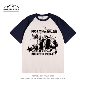 North Pole美式复古猫咪印花插肩短袖男女夏季暗黑系纯棉圆领T恤