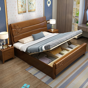 k2019新款实木床床.8米侧开气压高箱11j.5米 双人实木物带储床抽
