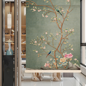 中式百花窗帘印花竹帘卷帘免隔孔家用竹子图案门帘中y国风叶鸟打