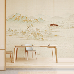 现代中式意境水墨抽象淡雅山水客厅背景墙纸壁布书房环保定制壁画