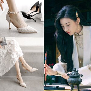 包头高跟鞋女景甜司藤同款复古鞋子新h款一字扣带凉鞋细跟尖头单