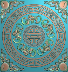 带线方形地雕五福临门蝙蝠回文寿桃精雕图