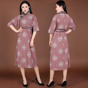 蒙古服饰夏季改良提花立领旗袍女日常民族风中长款气质盘扣连衣裙
