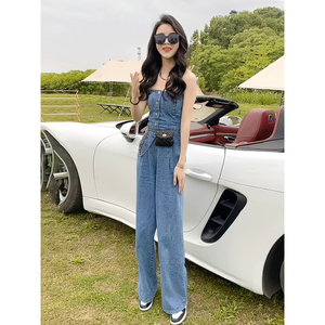 黑色草莓2725淘宝抹胸牛仔连体裤女性感气质直筒阔腿长裤夏季薄款