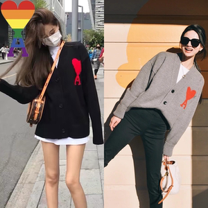 正品ami paris新款爱心刺绣毛衣开衫男女肖战同款羊毛针织v领外套