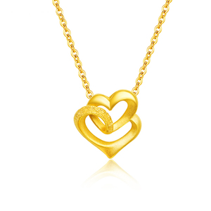 黄金心形项链双心吊坠999足金爱心心心相印3d硬金套链生日礼物