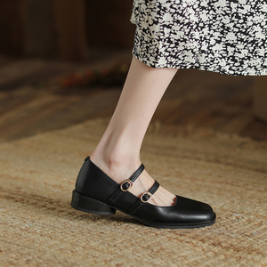 41-43大码女鞋42真皮方头平底单鞋女2022年新款复古玛丽珍小皮鞋