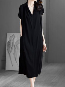 香港夏装V领法式黑色连衣裙中长款显瘦高级感带兜裙子大码女装潮