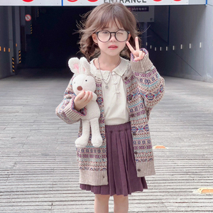 韩版童装女童复古毛衣开衫宝宝秋季针织衫小女孩长款百搭毛衫外套