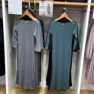 试衣间春秋季女装罗纹针织侧开叉修身连衣裙七分袖中长裙子441144