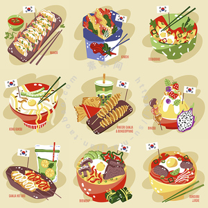 韩国料理插画 卡通美食泡菜石锅拌饭海报 ai格式矢量设计素材