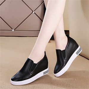 春夏季镂空潮鞋透气真皮运动女鞋休闲网鞋坡跟一脚蹬内增高南极人