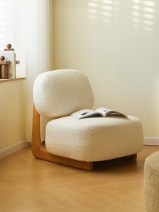 白木屋侘寂懒人书店沙发椅实木羊羔绒客厅单人靠背椅卧室小沙发椅