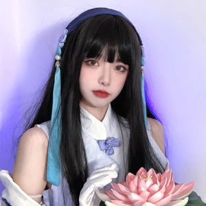 假发女长发王者荣耀西施cos 假毛漫画空气刘海黑长直发自然全头套