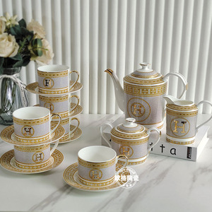 爱马仕适用欧式轻奢鎏金15件H标骨瓷咖啡具咖啡杯碟茶壶糖罐奶壶