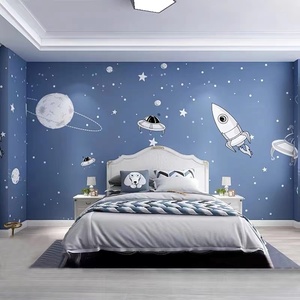 男孩卧室壁布浅蓝色卡通宇宙星空墙纸儿童房床头墙布装饰定制壁画