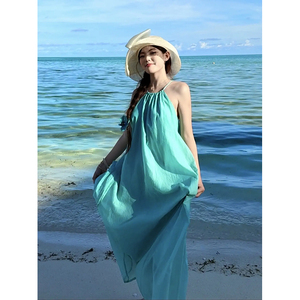 CTT夏日海边度假风沙滩长裙法式温柔显白蒂芙尼蓝棉麻吊带连衣裙
