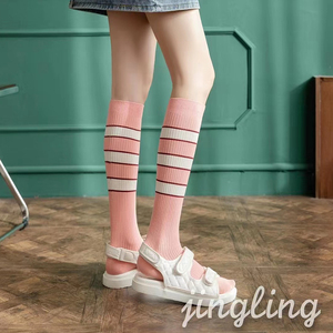 春款女士粉色小腿袜条纹个性ins潮袜日系中筒袜及膝袜春秋长筒袜