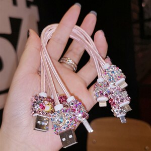 适用于苹oyivo华为果pppo安卓tvpec手机充电短款水钻数据线2米加