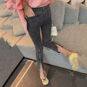 拉链在后面的裤子烟灰色女2022春秋韩版小个子后拉链开叉弹力