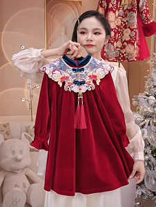 女童韩版春季连衣裙爆款2024新款洋气儿童红色丝绒裙女孩中国风拜