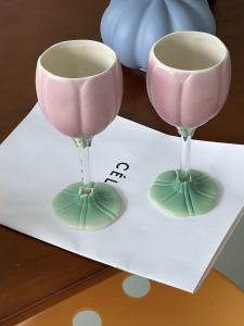 langer des韩风法式郁金香陶瓷酒杯红酒香槟咖啡杯粉色花瓣高脚杯