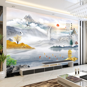 新中式流水生财壁画山水画8d立体凹凸电视背景墙壁纸大气客厅墙布