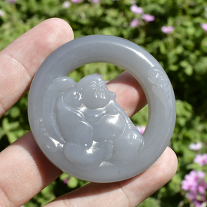 一鸣和田玉鉴定小精品青海料紫罗蓝调烟紫玉精雕圆牌笑佛吊坠挂件