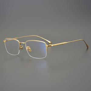 日本手造纯钛眼镜框大脸商务男超轻半框金色近视变色防蓝光眼镜架