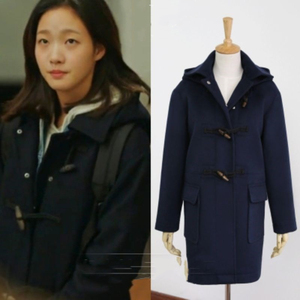 鬼怪女主同款大衣金高银藏蓝色牛角扣毛呢外套女冬加厚加棉中长款