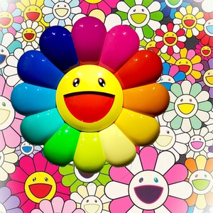 村上隆七彩黑色太阳花抱枕玩偶靠垫毛绒玩具公仔坐垫笑脸装饰摆件