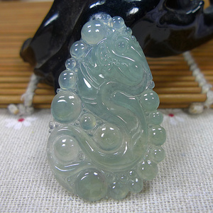 缅甸天然a货翡翠龙牌吊坠玉石玉器-老坑冰种泡泡龙仿古龙牌吊坠