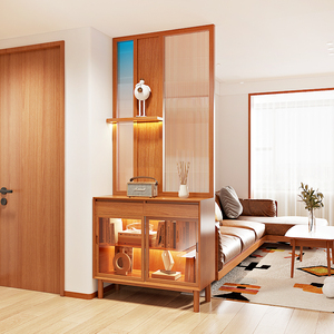 日式入户原木屏风玄关柜客厅实木樱桃木彩色渐变长虹玻璃隔断柜子