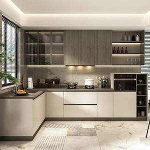 皮阿诺中岛台橱柜厨房定制整体厨柜石英石台面全屋订制简易开放式