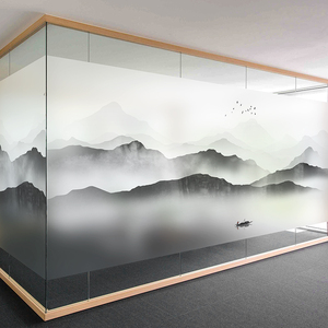 新中式山水画办公室磨砂玻璃门贴膜隔断卫生间创意防窥静电贴定制