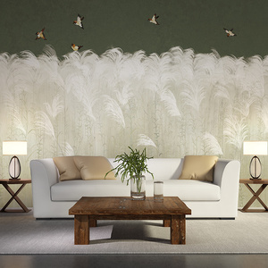 3d立体芦苇墙布电视背景墙壁纸中式壁布客厅壁画法式自粘美式卧室
