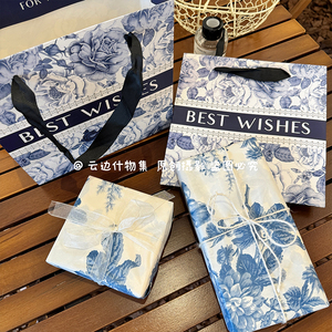 青花款礼物包装纸森系蓝玫瑰袋子丝带麻绳套餐鲜花饰品包装材料包