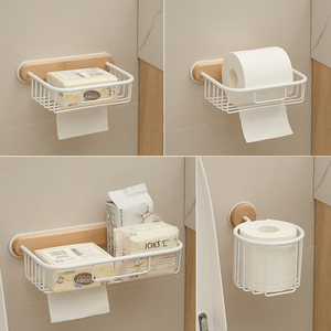 cmeo免打孔卫生间纸巾盒浴室洗手间挂卷纸厕所放抽纸原木风置物架