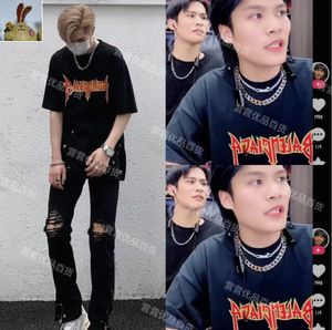 小杨哥同款衣服夏季新款火焰字母印花短袖t恤韩版宽松情侣款半袖