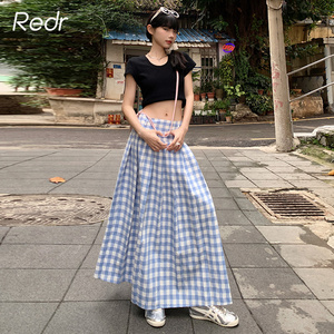 REDR2024新款春夏季蓝白格纹半身裙女显瘦a字百褶长裙伞裙子