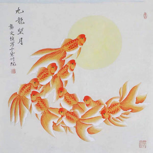 千色画业龚文桢四尺斗方工笔花鸟九龙望月书房玄关办公室装饰画