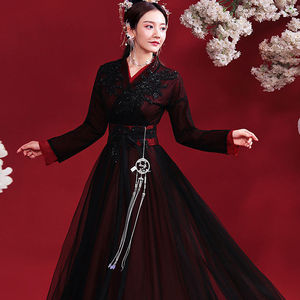 原创汉服女仙气飘逸古风红黑色中国风齐腰襦裙古典舞蹈演出服套装