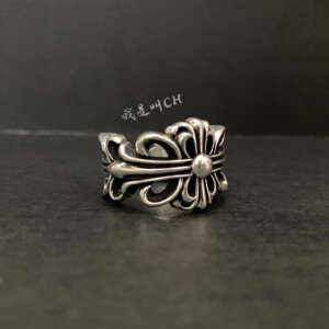 zui高版本复古克罗心开口十字花戒指s925纯银男女款情侣对戒复古