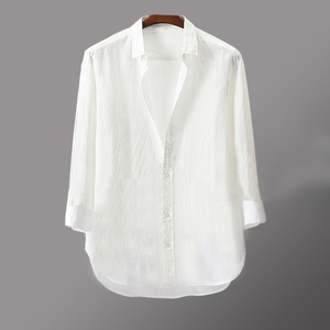 夏季新款男士七分袖潮牌衬衫宽松薄款透气纯色流行衬衣男白色柔软