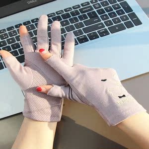 夏天女式手套薄款精致棉质骑车防晒露两指漏手指头可触屏夏季开车