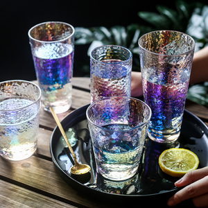 七彩玻璃杯家用大容量创意奶茶杯彩虹锤目纹水杯炫彩果汁啤酒杯子